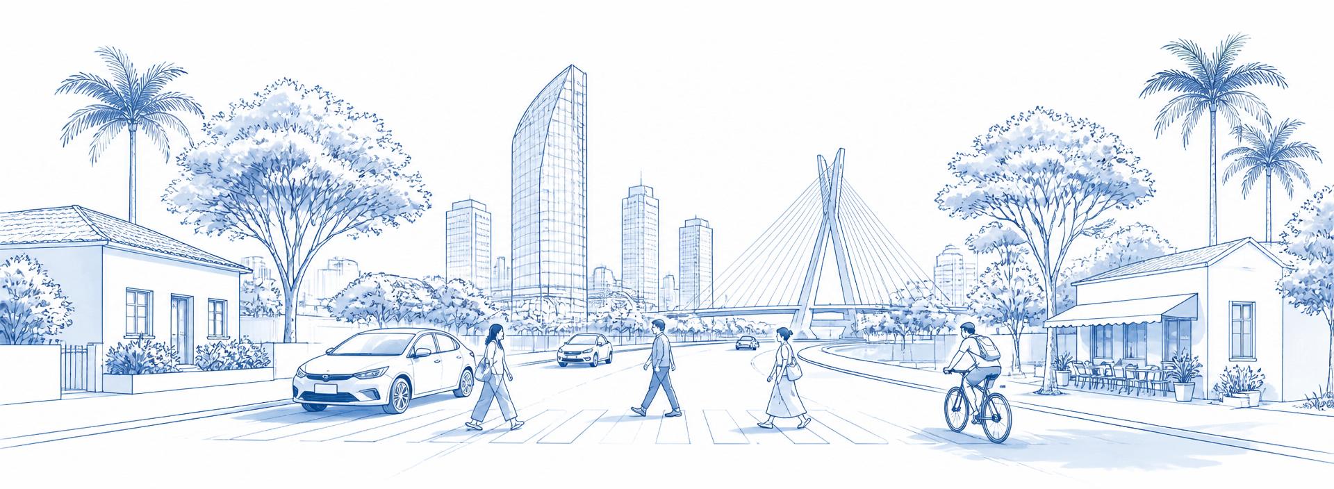 Cidade de São Paulo em movimento — carros, bicicletas, pedestres, casas e comércios
